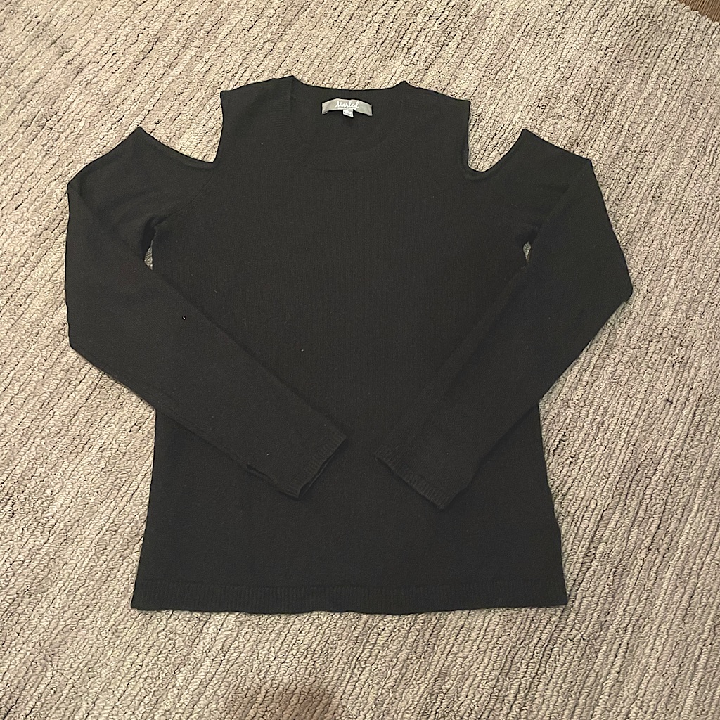 Marled 100% Cashmere Open Shoulder Solid Black Sweater
